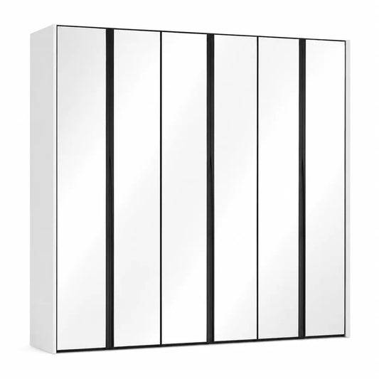 A modern white wardrobe or closet door system with six tall vertical mirrored or glossy white panels separated by slim black frames, shown on a plain white background.