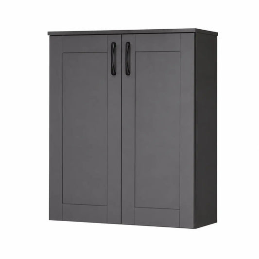 A dark gray double-door cabinet with a shaker-style design and black vertical handles, shown against a plain white background.