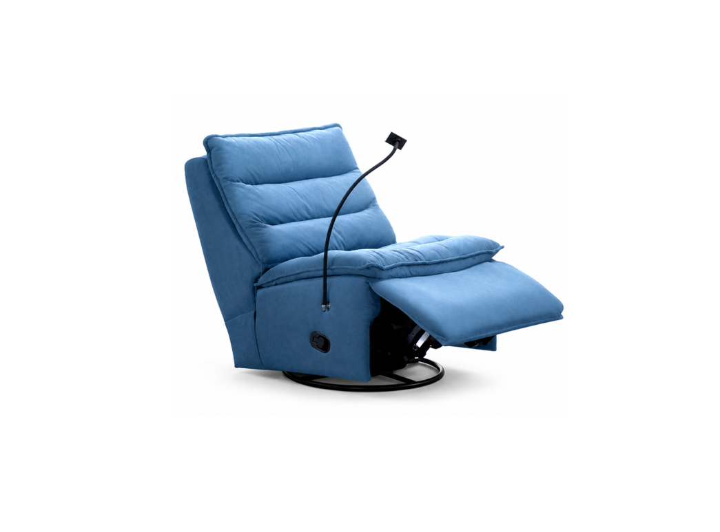 A blue upholstered recliner chair with the footrest extended, shown on a plain white background. A black flexible arm extends from the chair with a small control head, and the base is circular and black.