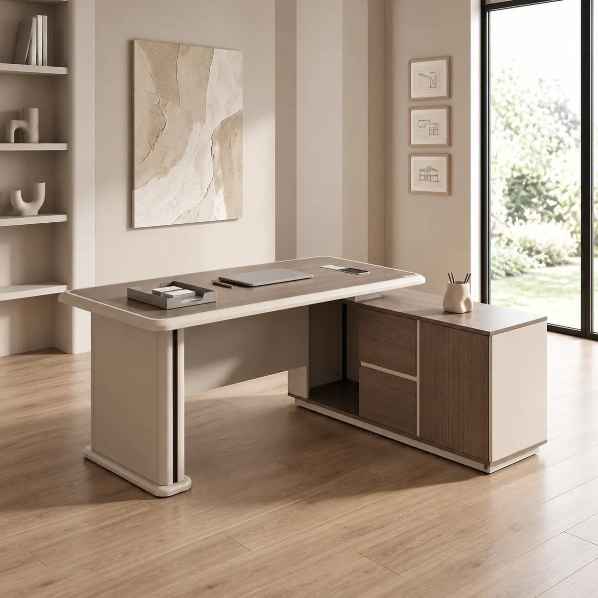 A modern L-shaped office desk with a light beige top and cream-colored legs, paired with a matching side cabinet featuring wood-grain doors and drawers, set in a bright, contemporary home office.