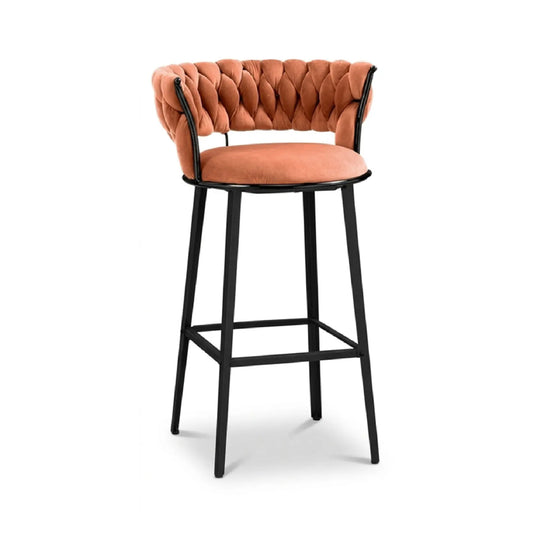 Bar stool with orange cushioned seat and backrest on a white background