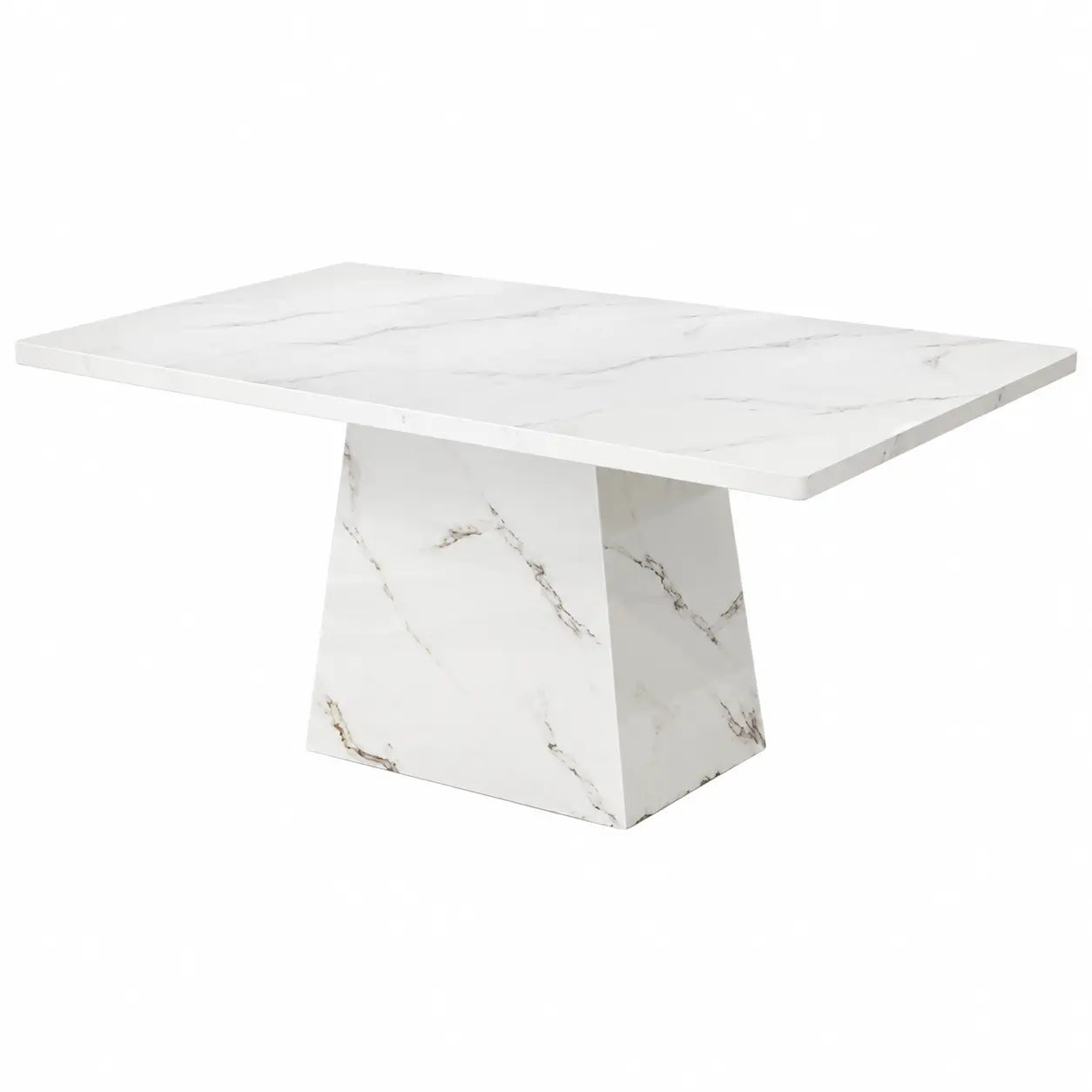A modern rectangular dining table with a white marble-look top and base, featuring subtle gray and gold veining, shown on a solid white background.