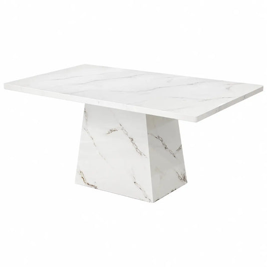 A modern rectangular dining table with a white marble-look top and base, featuring subtle gray and gold veining, shown on a solid white background.