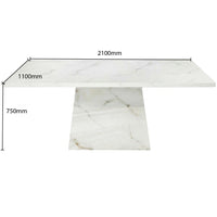 Marble-patterned table with dimensions labeled on a white background