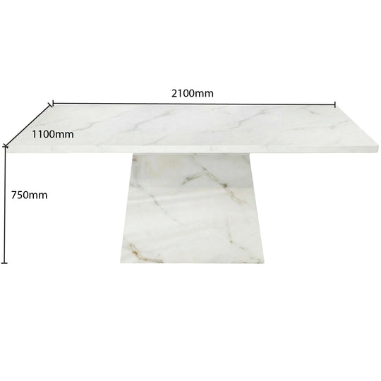 Marble-patterned table with dimensions labeled on a white background