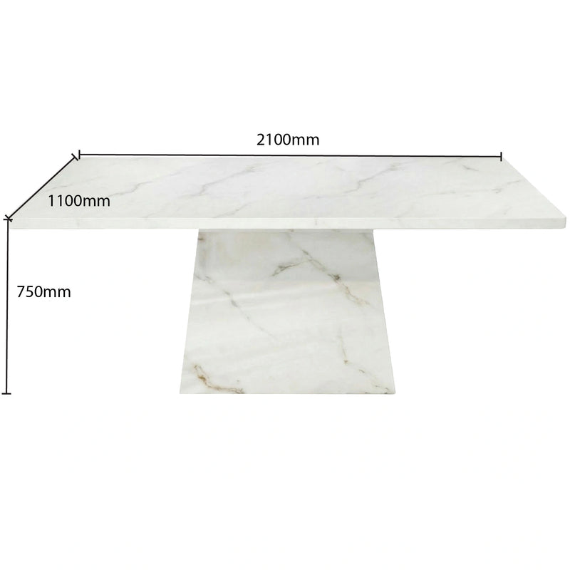Marble-patterned table with dimensions labeled on a white background