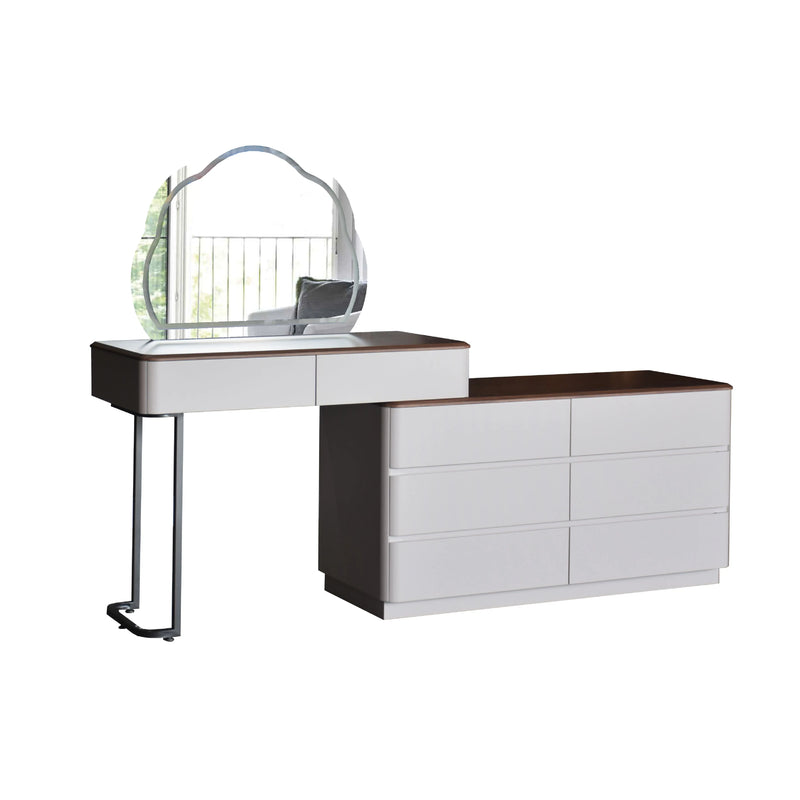 Modern vanity with mirror and drawers on a white background
