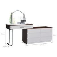 White vanity table with mirror and dimensions on a white background