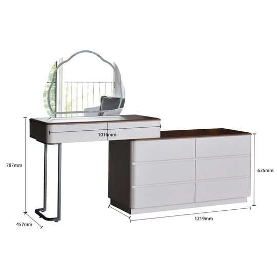 White vanity table with mirror and dimensions on a white background