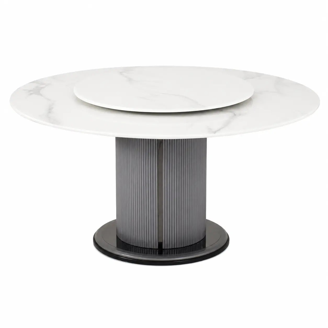 A modern round dining table featuring a white marble-patterned top with a concentric inner plate, supported by a ribbed gray column base on a black circular foot ring, shown against a plain white background.