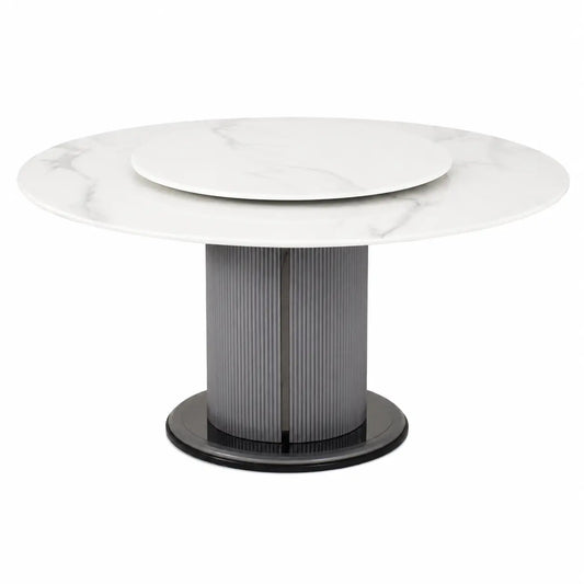 A modern round dining table featuring a white marble-patterned top with a concentric inner plate, supported by a ribbed gray column base on a black circular foot ring, shown against a plain white background.