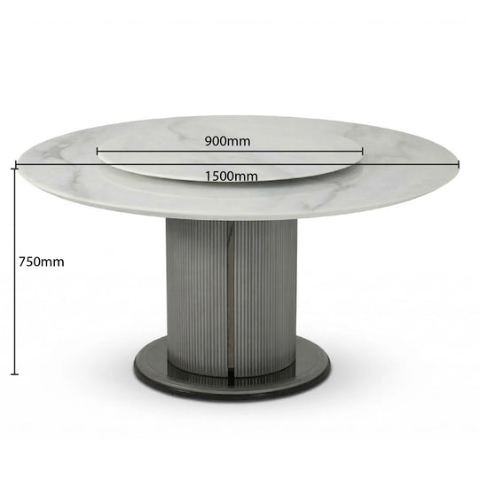 Round marble table with dimensions labeled on a white background