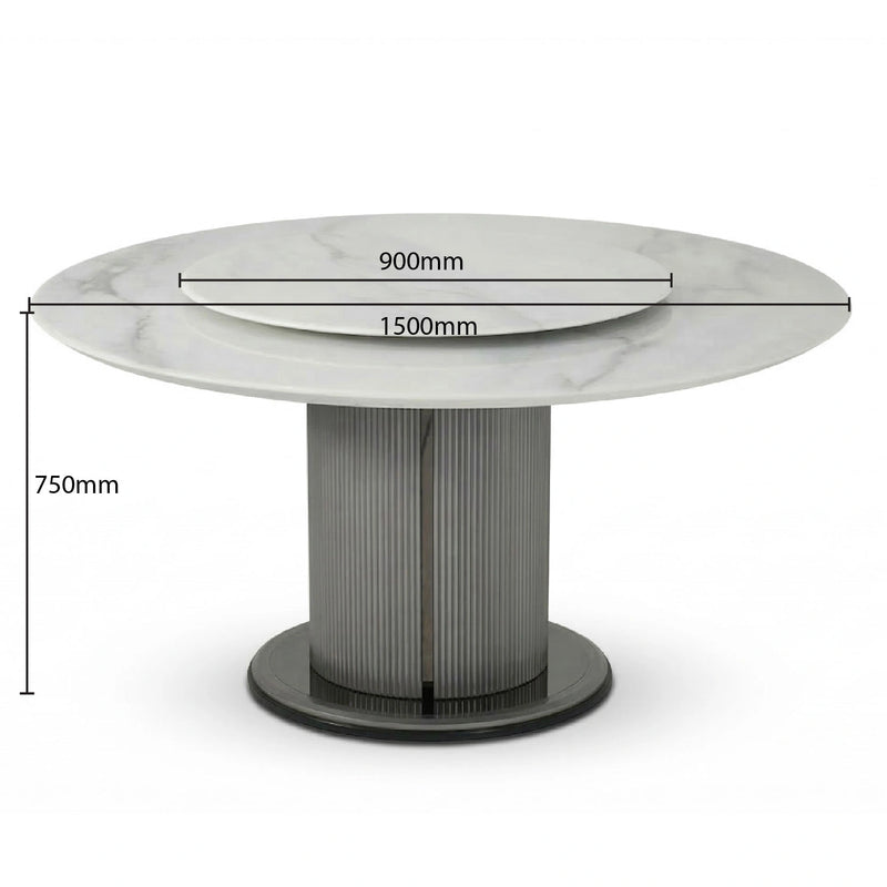 Round marble table with dimensions labeled on a white background