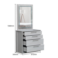 Gray dresser with mirror and dimensions labeled on a white background