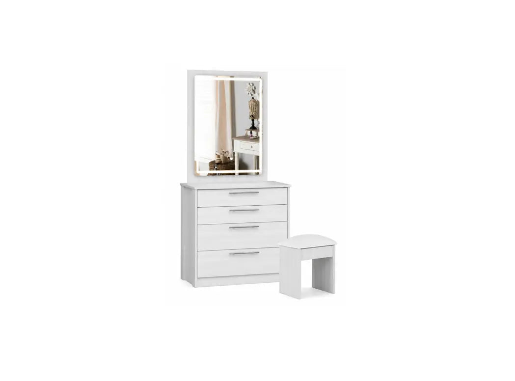 White three-drawer vanity table with an attached rectangular mirror and a matching white stool, shown on a plain white background.