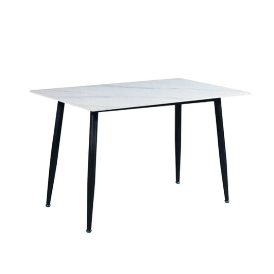 Rectangular table with white top and black legs on a white background
