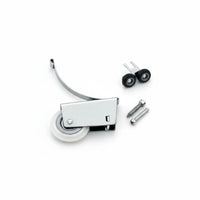 Chrome door roller with wheels and screws on a white background