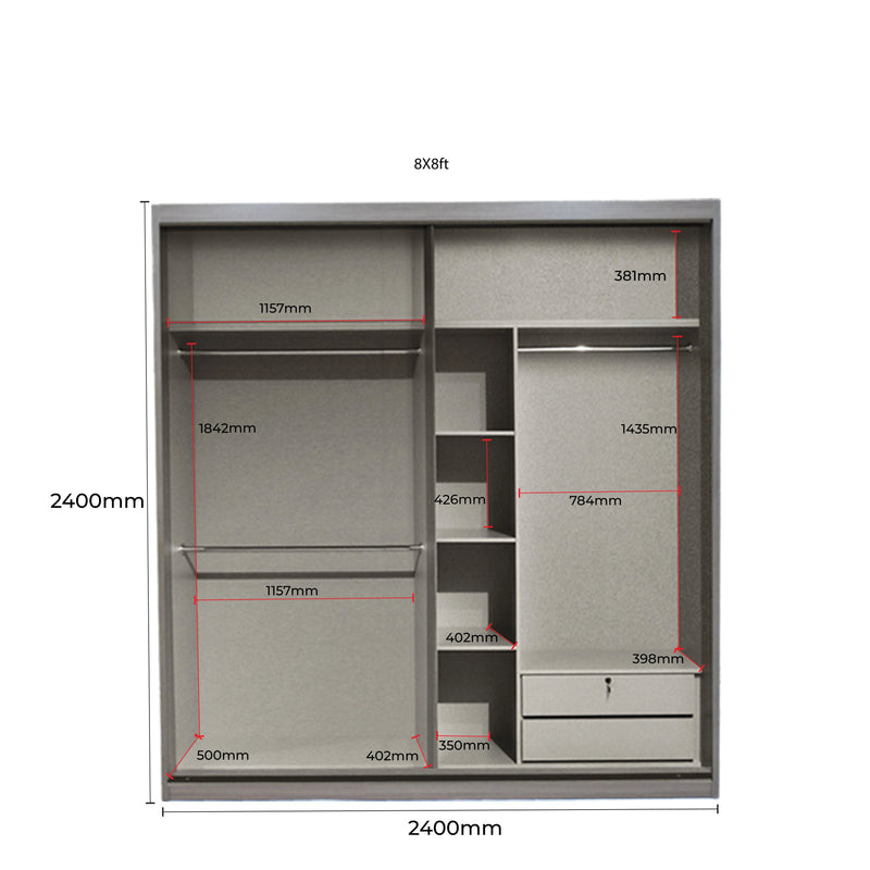 Measurement chart of a wardrobe with dimensions labeled