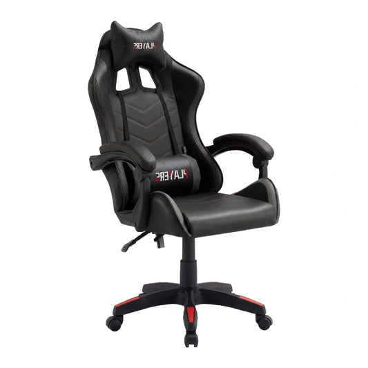 Black gaming chair with red accents on a white background