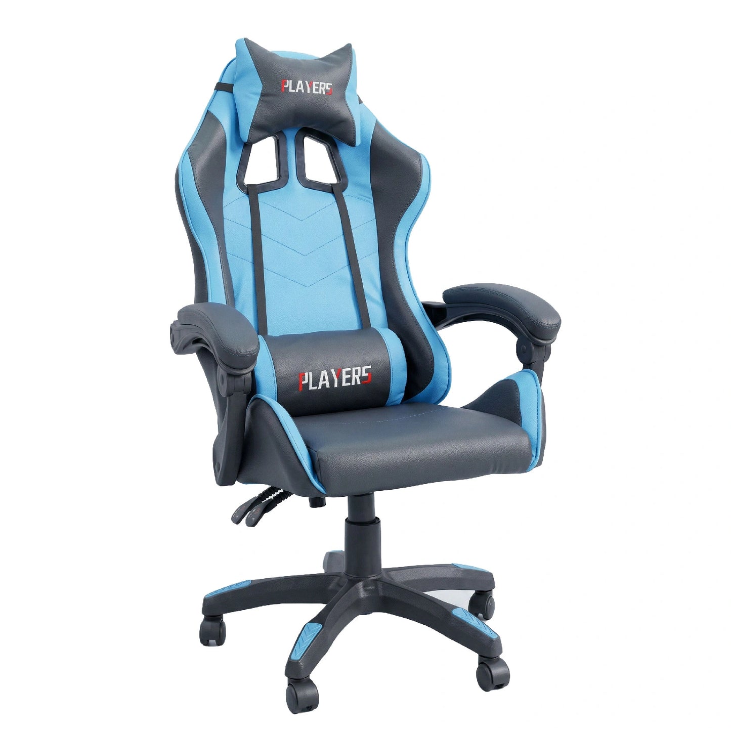 Gaming chair with black and blue design on a white background