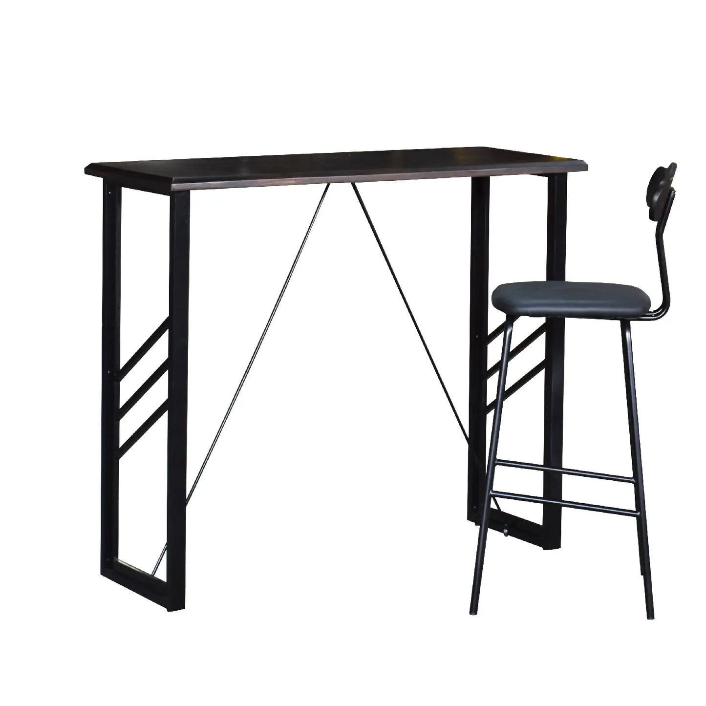 Black bar height table with a matching chair on a white background