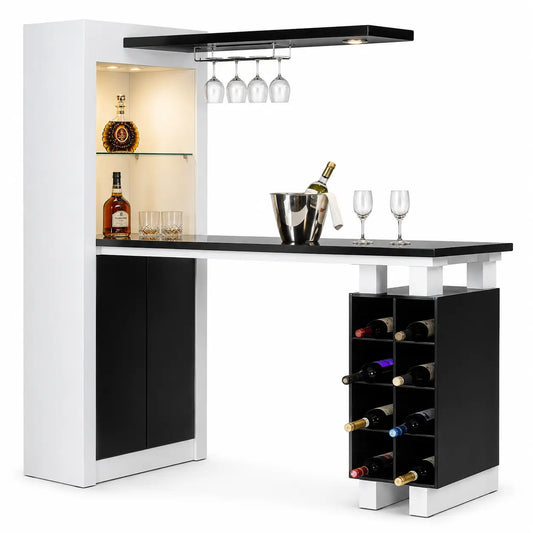 A modern home bar cabinet with a white and black high-gloss finish, featuring a built-in shelf with warm lighting, a hanging glass rack, a wine bottle, an ice bucket, two wine glasses, and a built-in wine bottle storage compartment on the lower right.