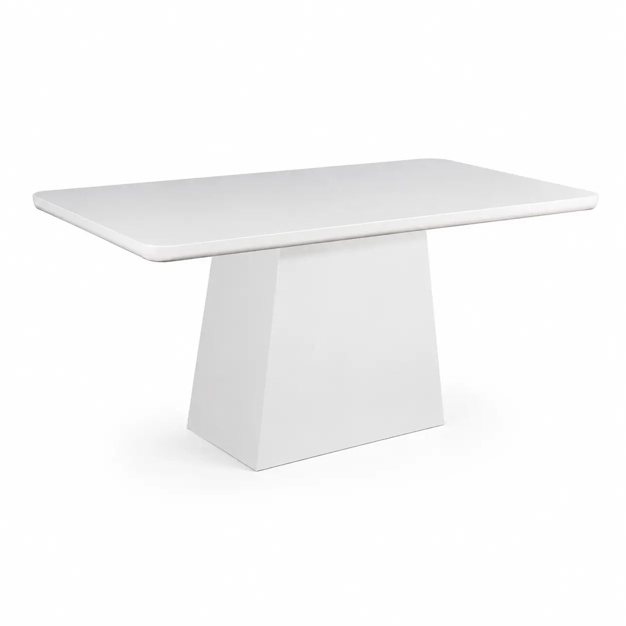 A modern white rectangular dining table with a thick, tapered geometric pedestal base, shown on a seamless white background.