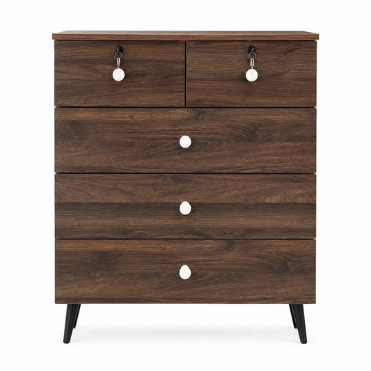 A dark brown wooden chest of drawers with five drawers, featuring round white knobs and black metal legs, shown against a plain white background.