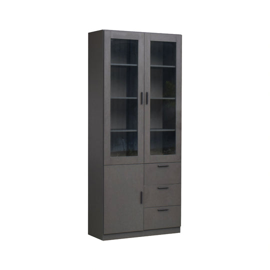 Gray cabinet with glass doors and drawers on a white background