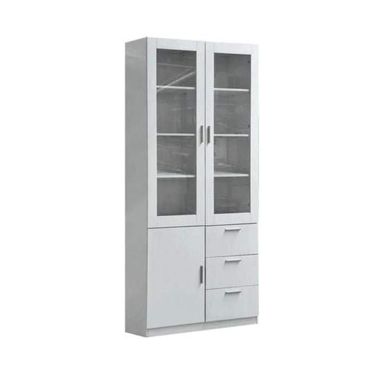 White cabinet with glass doors and drawers on a white background