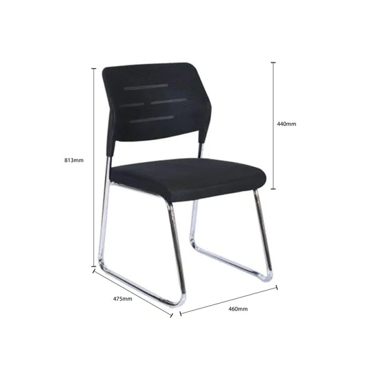 Black chair with dimensions marked on a white background