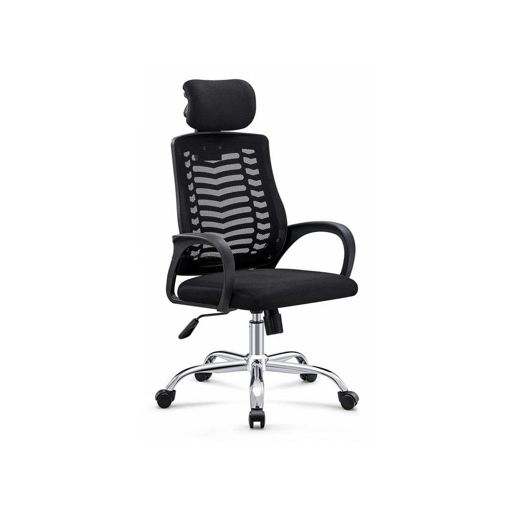 Black office chair with headrest on a white background