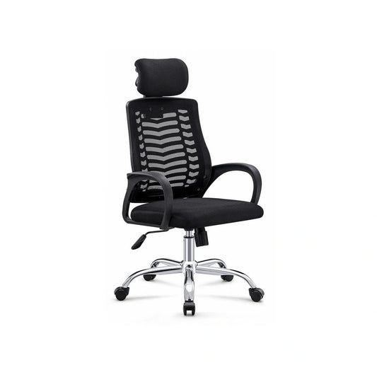 Black office chair with headrest on a white background