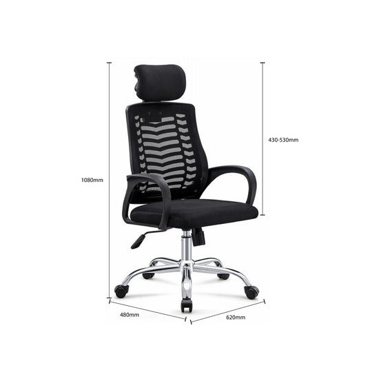 Black office chair with headrest and measurements on a white background
