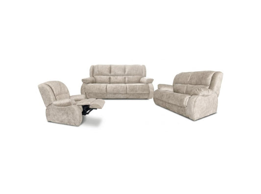 A three-piece upholstered living room furniture set on a white background, including a loveseat, a recliner, and a sofa. The fabric is a textured light beige bouclé.