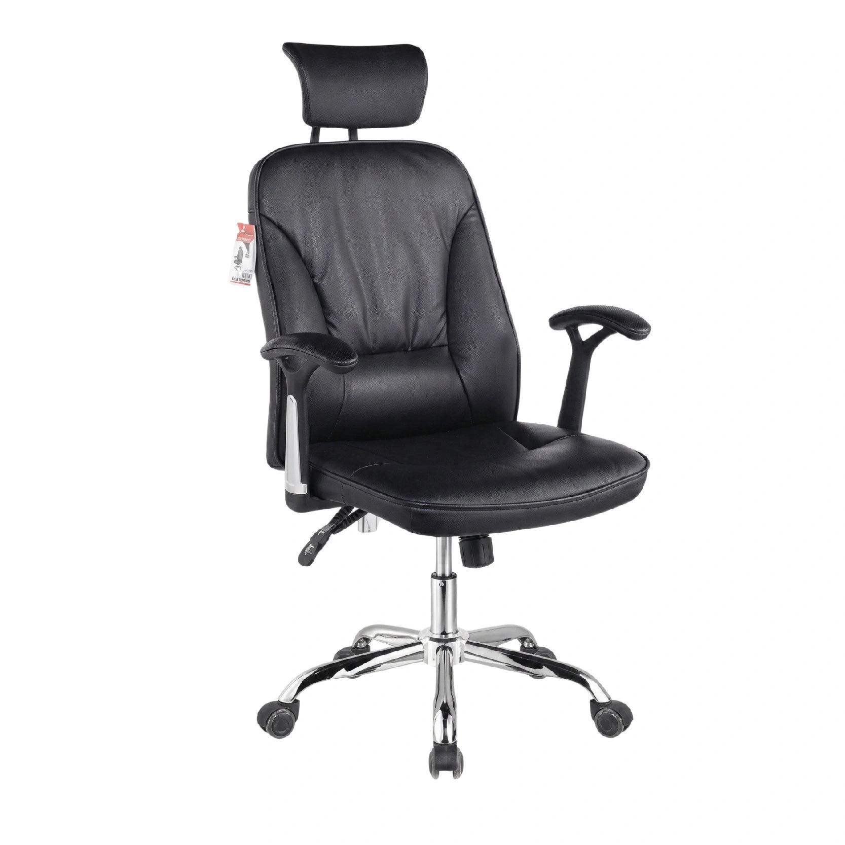 Black office chair with adjustable headrest on a white background
