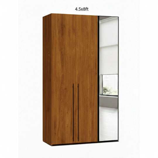Wooden wardrobe with a mirror on a white background