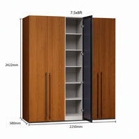Wooden wardrobe with open door showing shelves, dimensions labeled on a white background