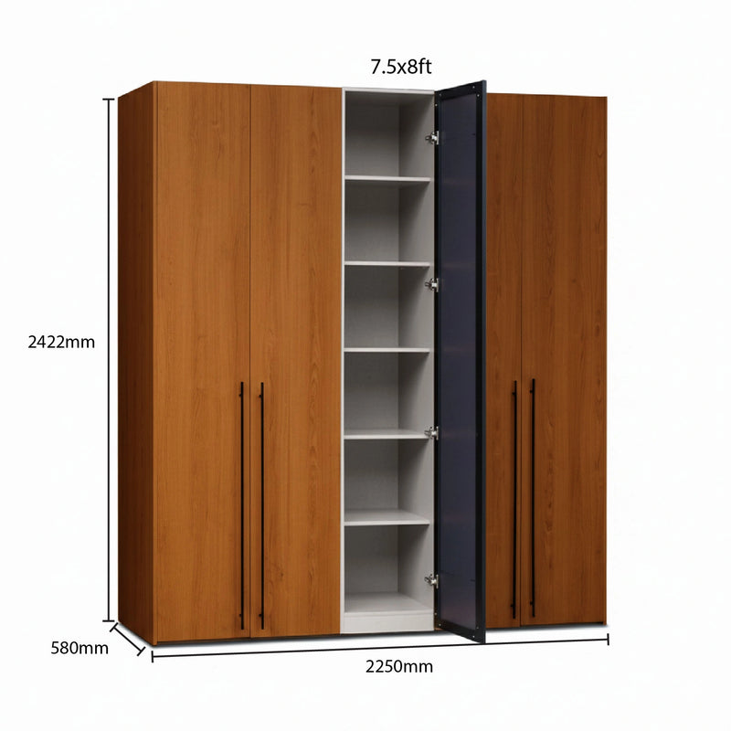 Wooden wardrobe with open door showing shelves, dimensions labeled on a white background