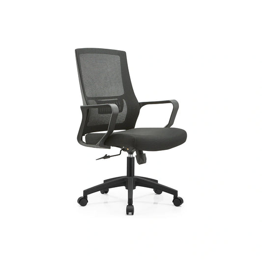 Black office chair with mesh back on a white background