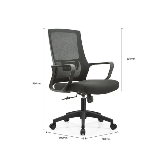 Black office chair with dimensions indicated on a white background