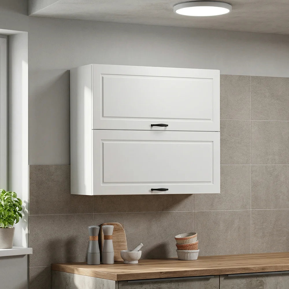 A pair of white double-door wall cabinets mounted on a tiled kitchen wall above a wooden countertop.