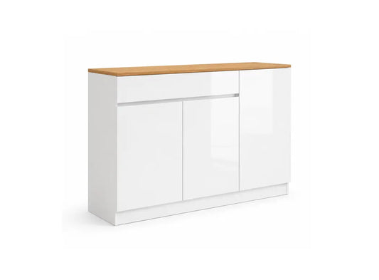 A modern white high-gloss sideboard cabinet with a light natural wood top, shown from a three-quarter angle on a white background.