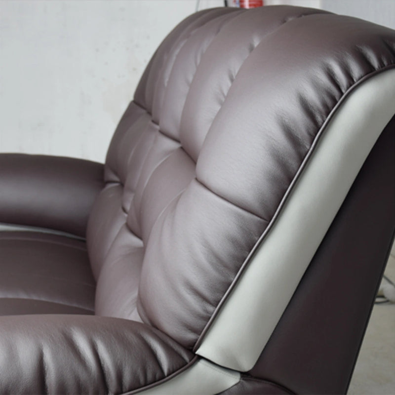 Close-up of a brown leather chair with visible stitching