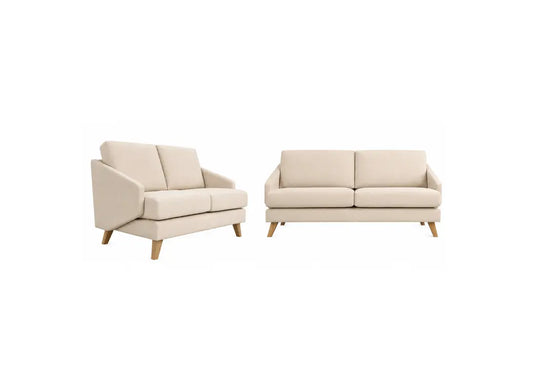 A matching two-piece living room set consisting of a two-seater armchair and a two-seater sofa, upholstered in a light beige fabric with light natural wood legs, shown against a plain white background.