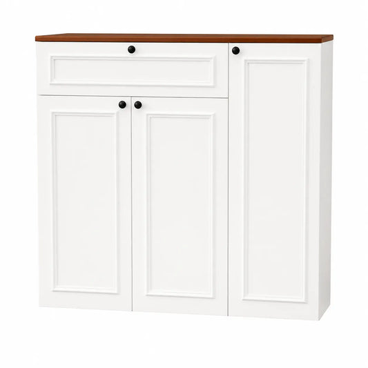 A white wooden storage cabinet with a medium brown wood-look top, featuring a single drawer on top, two double-door lower sections, and one tall single-door section on the right. The cabinet is adorned with small black round knobs and is set against a plain white background.