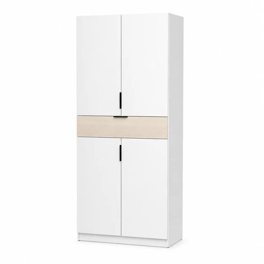 A modern tall storage cabinet with two white doors on top, a light wood horizontal panel in the middle, and two white doors on the bottom, each with a slim black handle.