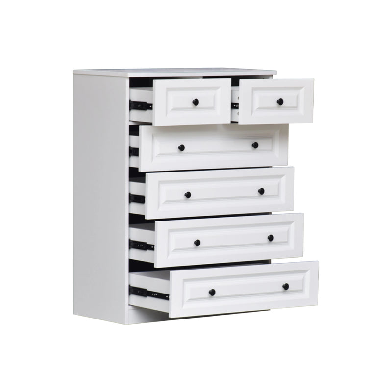 White dresser with multiple drawers on a white background