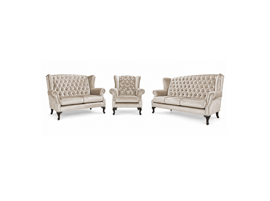 A three-piece tufted sofa set in a light beige fabric, including a loveseat, an armchair, and a sofa, shown against a plain white background.