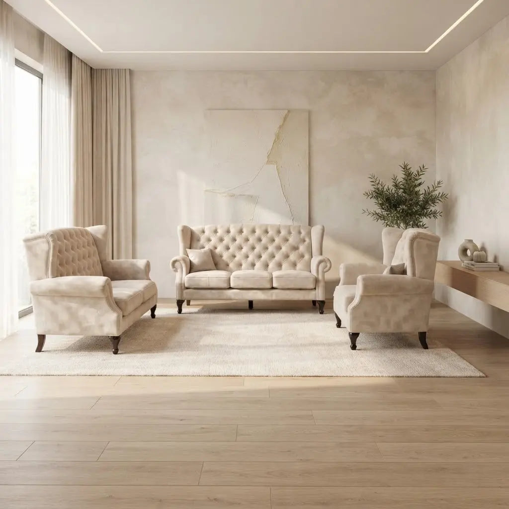 Wing Sofa 1+2+3 Luxury Button Tufted Chesterfield Sofa Set